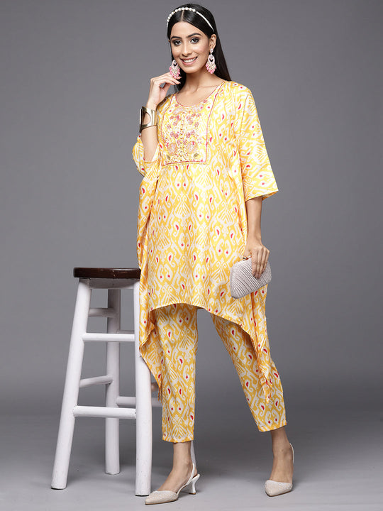 Indo Era Kesariya Yellow Printed A-Line Kaftan With Trouser Set