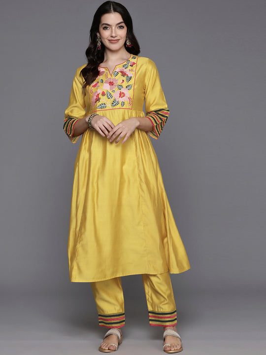 Indo Era Yellow Embroidered A-Line Kurta Trousers  Set