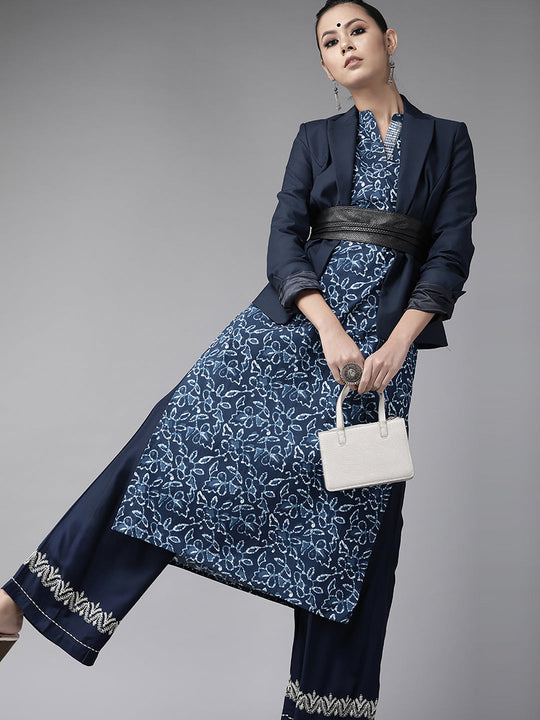 Navy Blue Ethnic Motifs Printed Indigo Straight Cotton Kurta