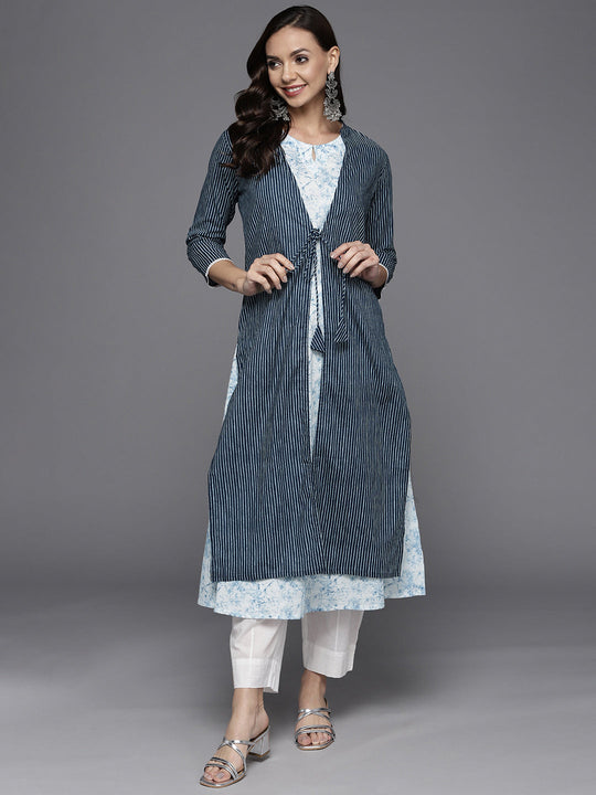 Indo Era Blue Printed Straight Kurta