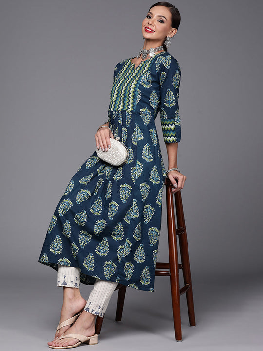 Indo Era Blue Floral Printed A-line Kurtas