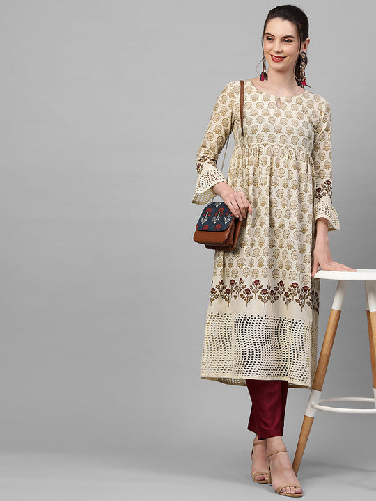 Indo Era Cream Foil Printed A-line Kurtas