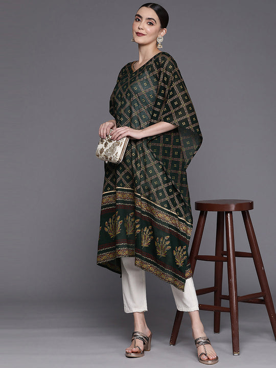 Indo Era Green Printed Straight Kaftan