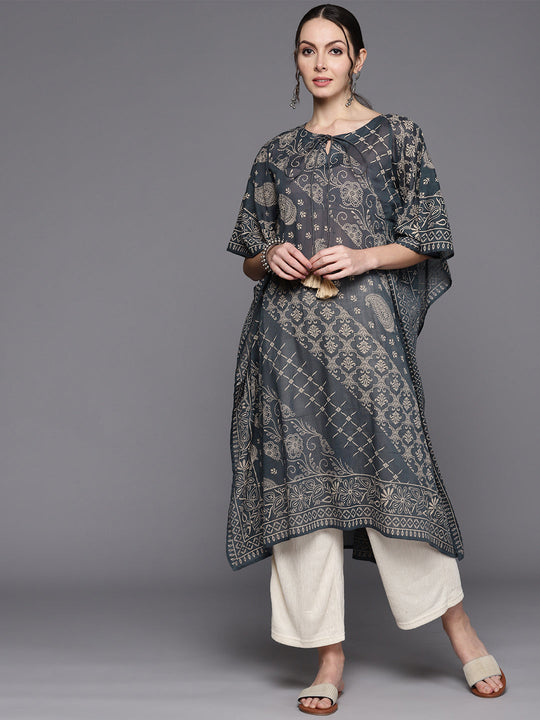 Indo Era Grey Women Ethnic Motifs Printed Flared Sleeves Kaftan Kurta