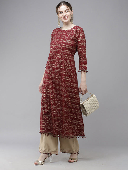 Indo Era Maroon Printed A-line Kurta