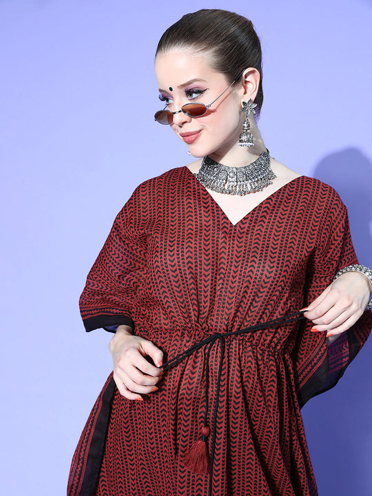 Indo Era Maroon Printed Kaftan Kurta