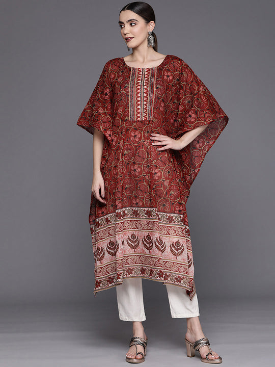 Indo Era Maroon Printed Straight Kaftan