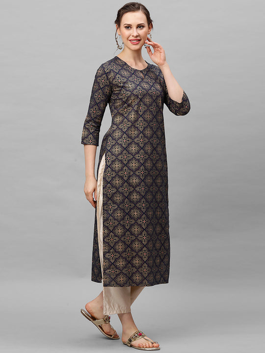 Indo Era Navy Blue Foil Printed Straight Kurtas