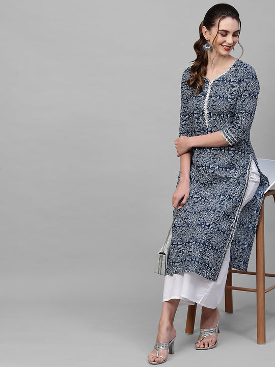 Indo Era Navy Blue Printed Kurta
