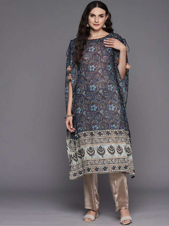 Indo Era Navy Blue Women Floral Printed Extended Sleeves Kaftan Kurta
