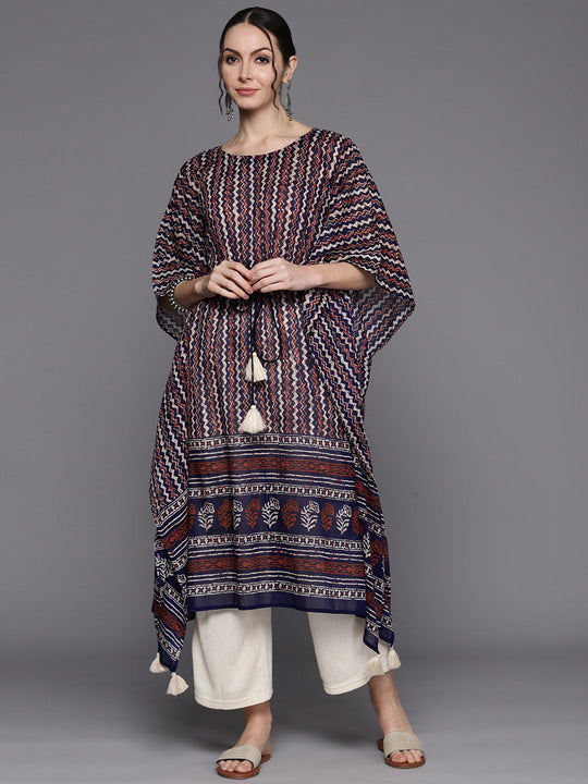 Indo Era Navy Blue Women Chevron Printed Flared Sleeves Kaftan Kurta