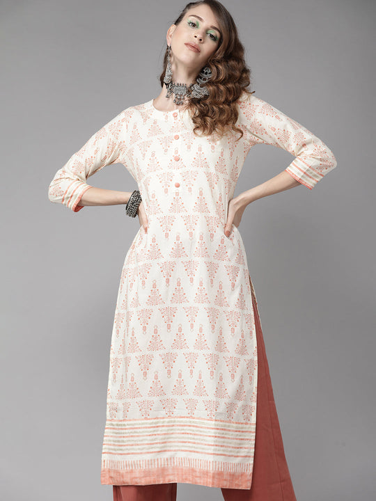 Indo Era Off White Foil Printed Straight Kurtas