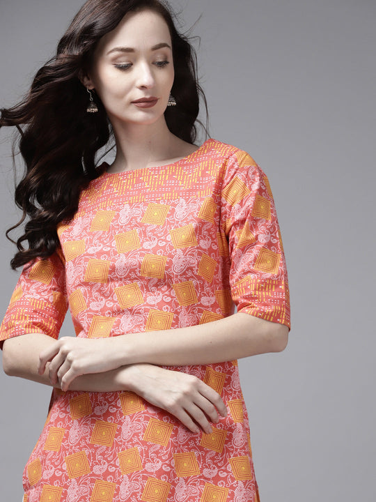 Indo Era Peach Printed Straight Kurta