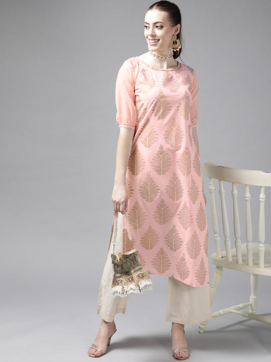 Indo Era Pink Block Printed Straight Kurta