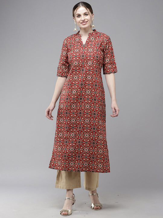 Indo Era Red Bandhani Printed Straight Kurta