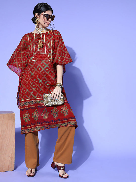 Indo Era Red Printed Kaftan Kurta