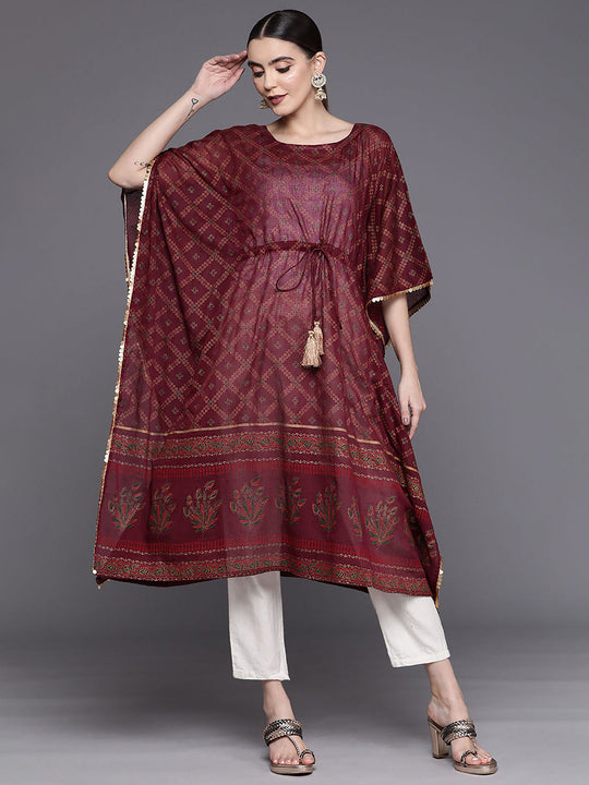 Indo Era Wine Printed Straight Kaftan