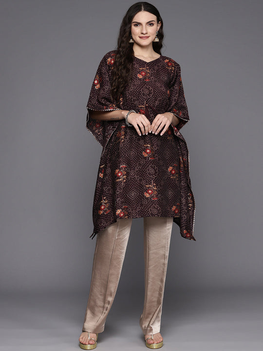 Indo Era Wine Bandhani Printed Flared Sleeves Gotta Patti Kaftan Kurta