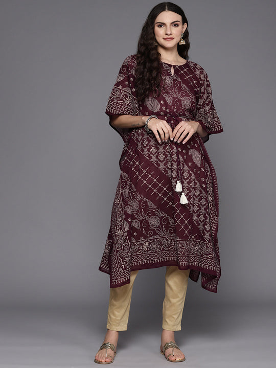 Indo Era Burgundy Ethnic Motifs Printed Keyhole Neck Flared Sleeves Kaftan Kurta