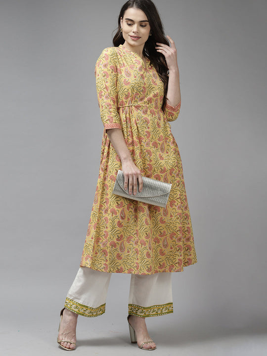 Indo Era Yellow Floral Printed A-line Kurta