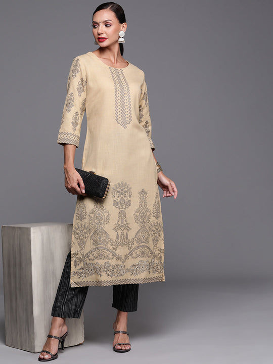 Indo Era Beige Foil Printed Straight Kurtas