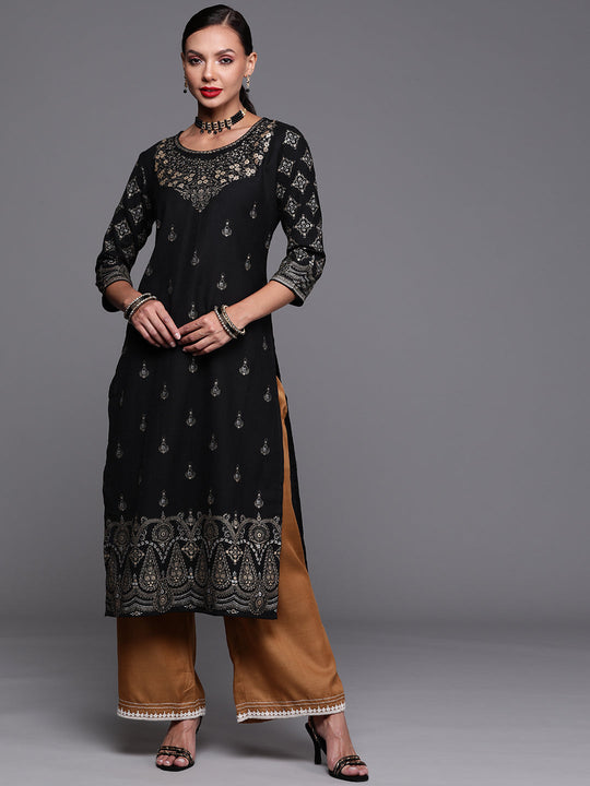 Indo Era Black Foil Printed Straight Kurtas