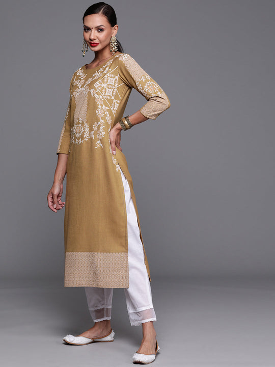 Indo Era Brown Foil Printed Straight Kurtas