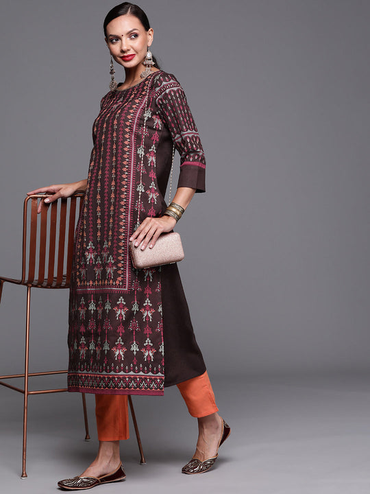 Indo Era Brown Foil Printed Straight Kurtas