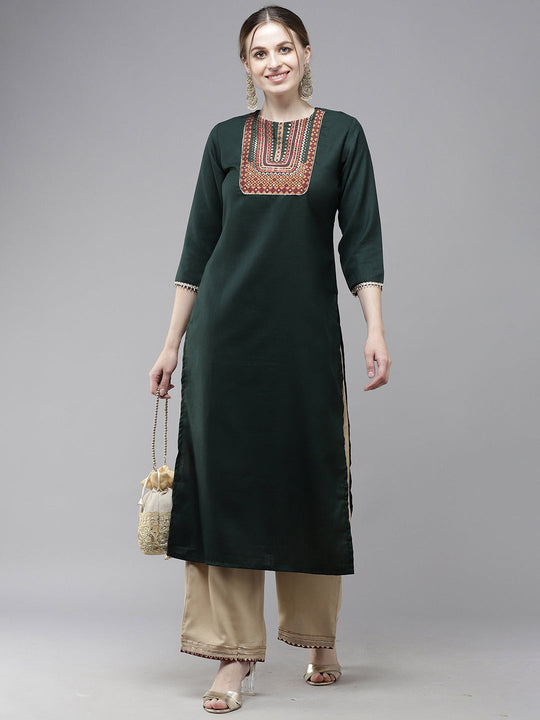 Indo Era Green Solid Straight Kurta