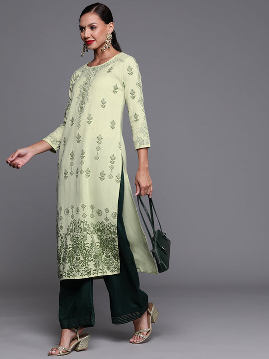 Indo Era Green Foil Printed Straight Kurtas