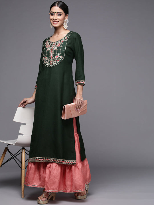 Indo Era Green Solid Straight Kurtas