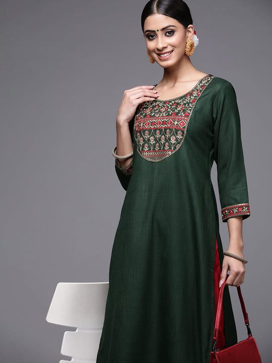 Indo Era Green Solid Straight Kurtas