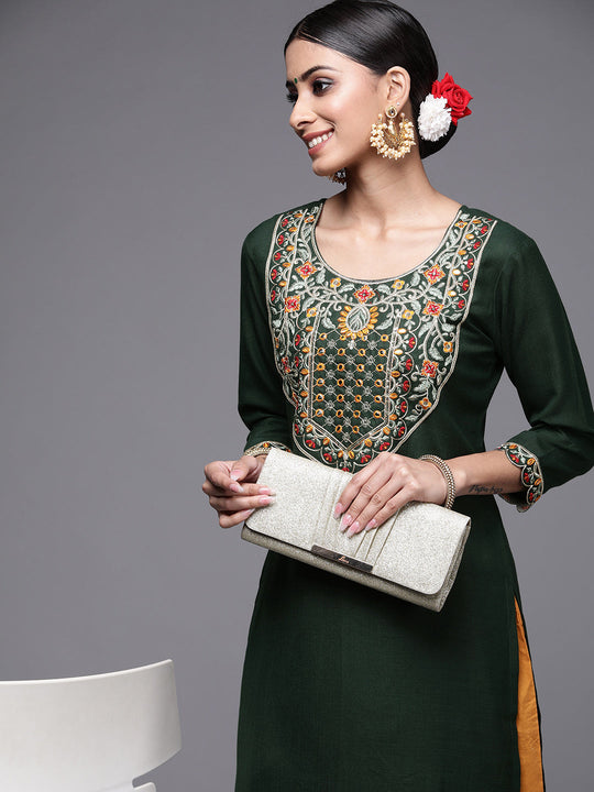 Indo Era Green Solid Straight Kurtas