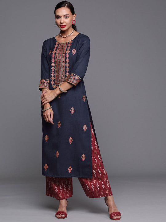 Indo Era Navy Blue Foil Printed Straight Kurtas