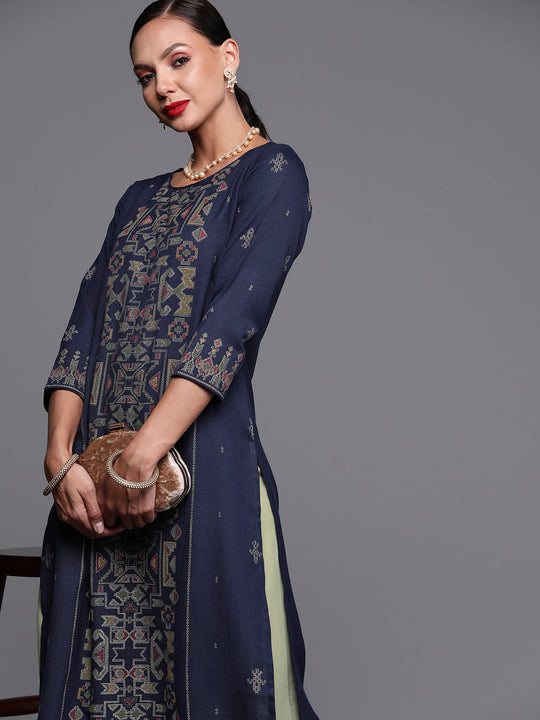 Indo Era Navy Blue Foil Printed Straight Kurtas