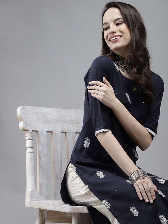 Indo Era Navy Blue Embroidery Kurta