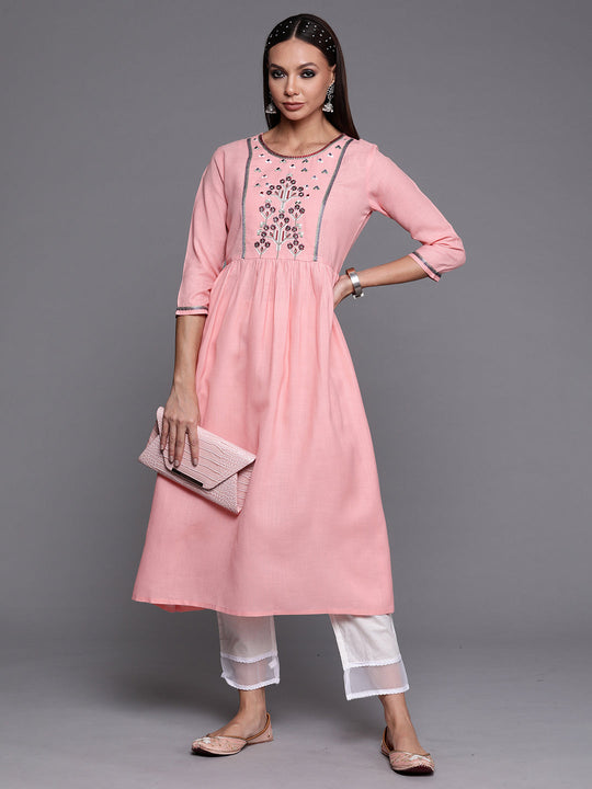 Indo Era Pink Floral Embroidered A-line Kurta