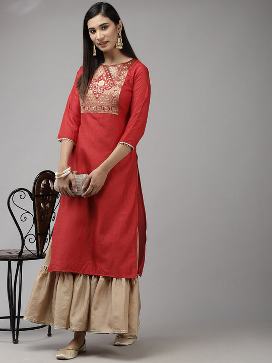 Indo Era Red Solid Straight Kurta