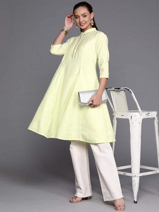 Indop Era Yellow Embroidered A-line Kurta