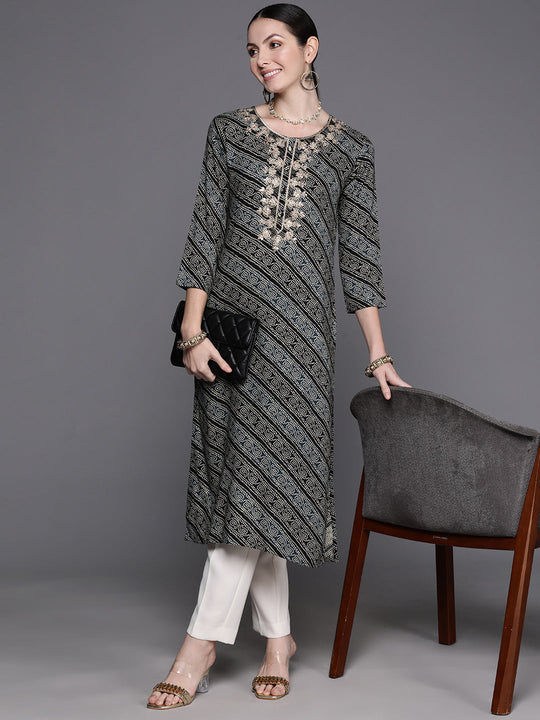 Indo Era Black Embroidered Straight Kurtas