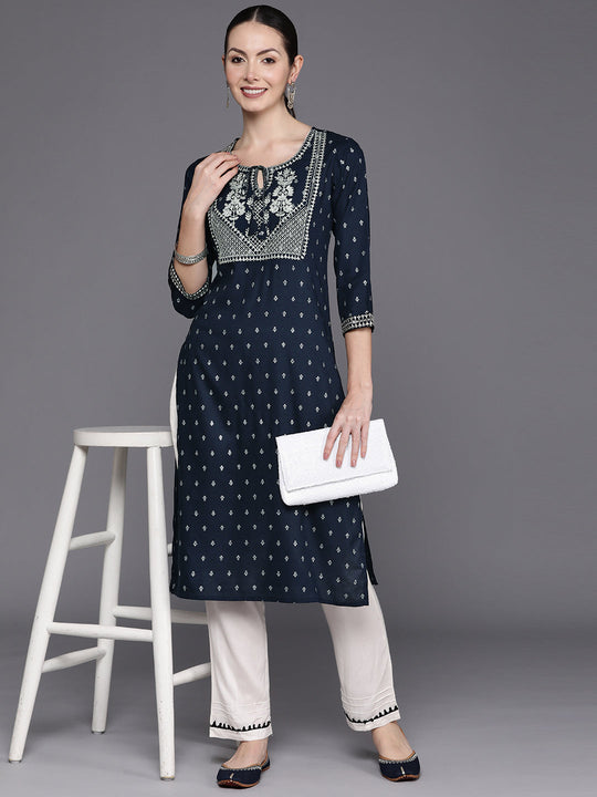 Indo Era Blue Embroidered Straight Kurtas