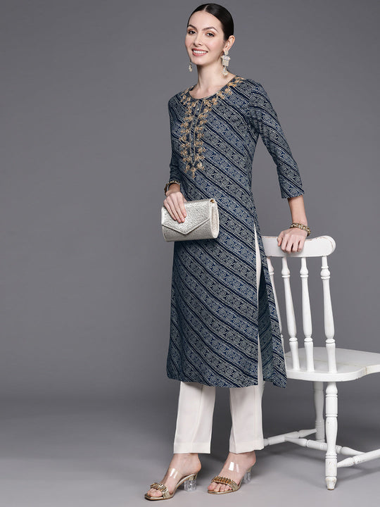 Indo Era Blue Embroidered Straight Kurtas