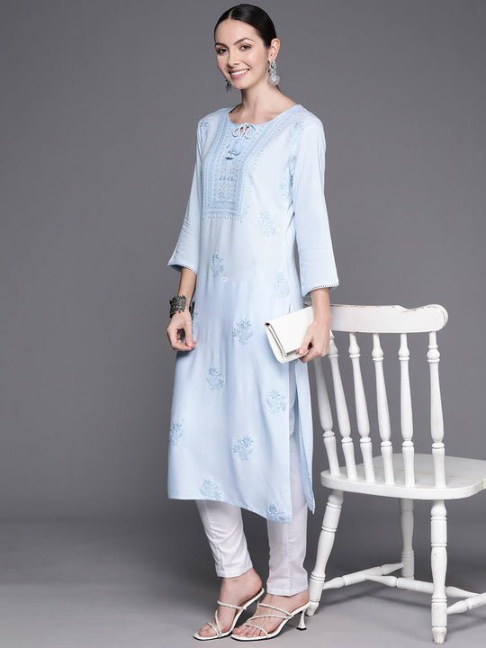 Indo Era Blue Embroidered Straight Kurtas
