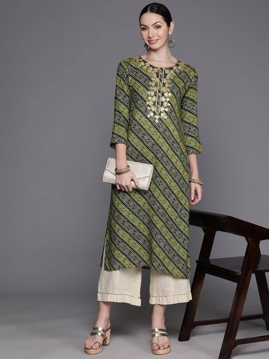 Indo Era Green Embroidered Straight Kurtas