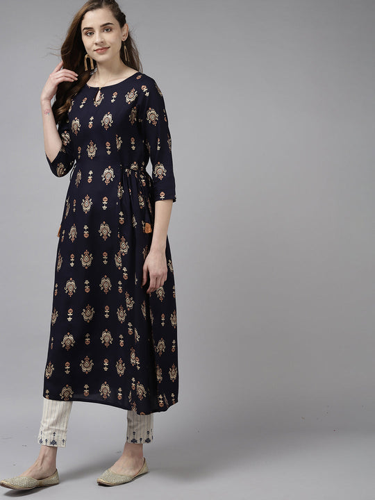 Indo Era Navy Blue Foil Printed A-line Kurtas
