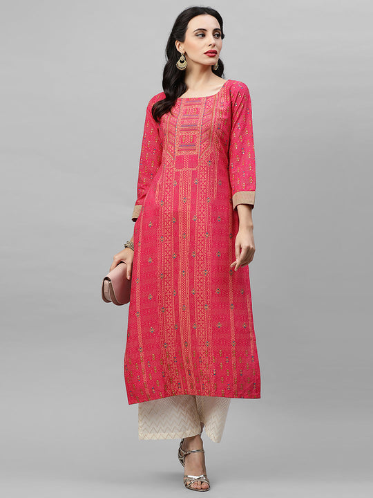 Indo Era Pink Foil Printed Straight Kurtas