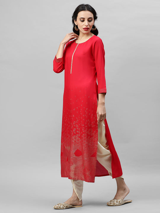 Indo Era Red Foil Printed Straight Kurtas