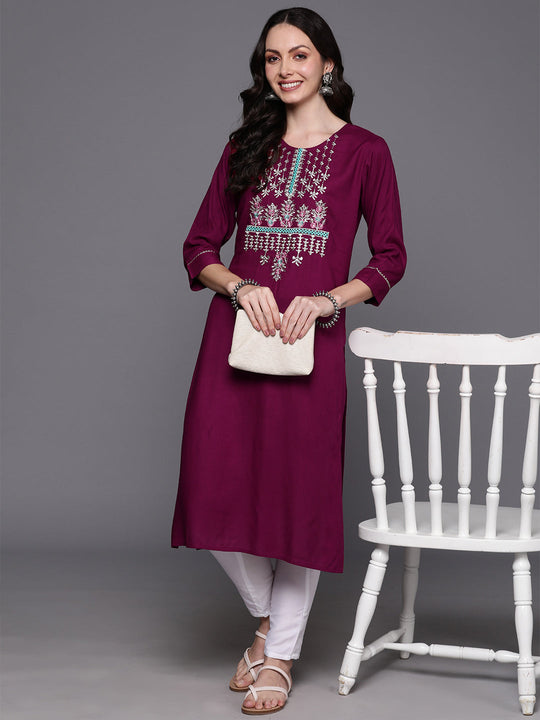 Indo Era Wine Embroidered Straight Kurtas