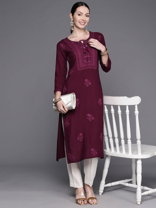Indo Era Wine Embroidered Straight Kurtas