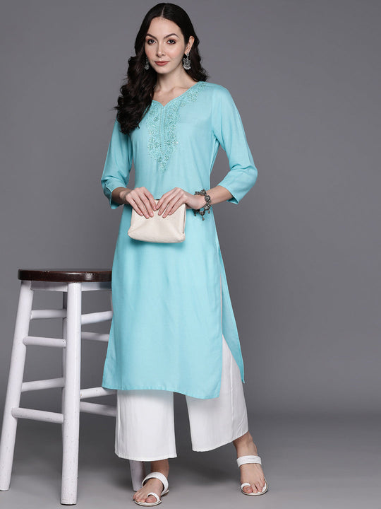 Indo Era Blue Floral Embroidered Sequinned Kurta